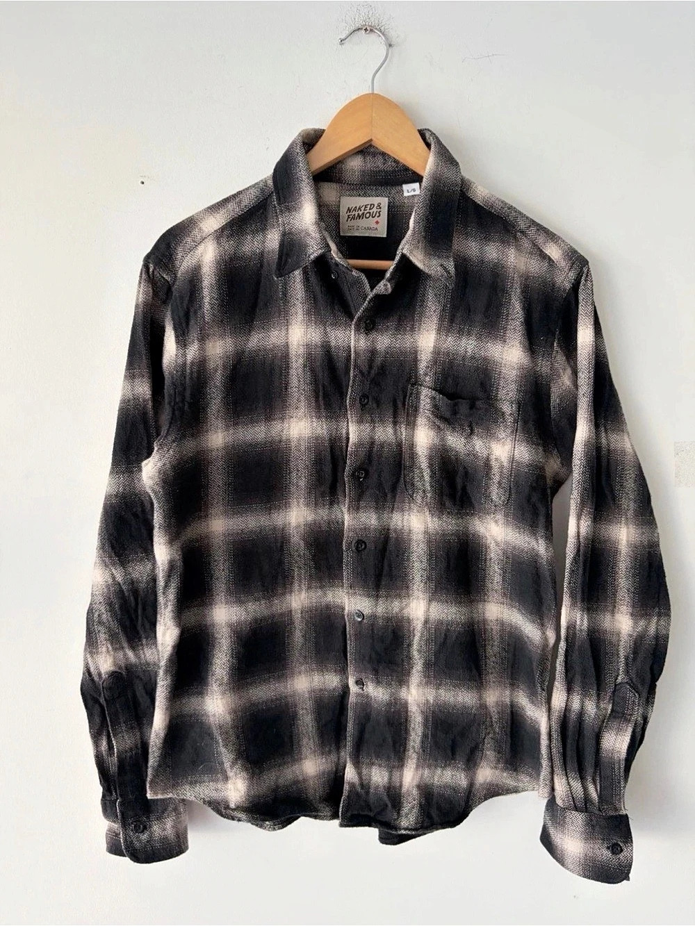 Naked & Famous Work Shirt - Trippy Ombre Plaid Black & Gray size M